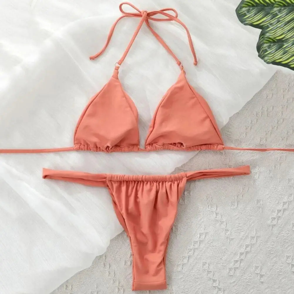 2 pçs/set feminino tanga conjunto de biquíni renda sexy até cinta espaguete natação halter pescoço maiô feminino conjunto para praia