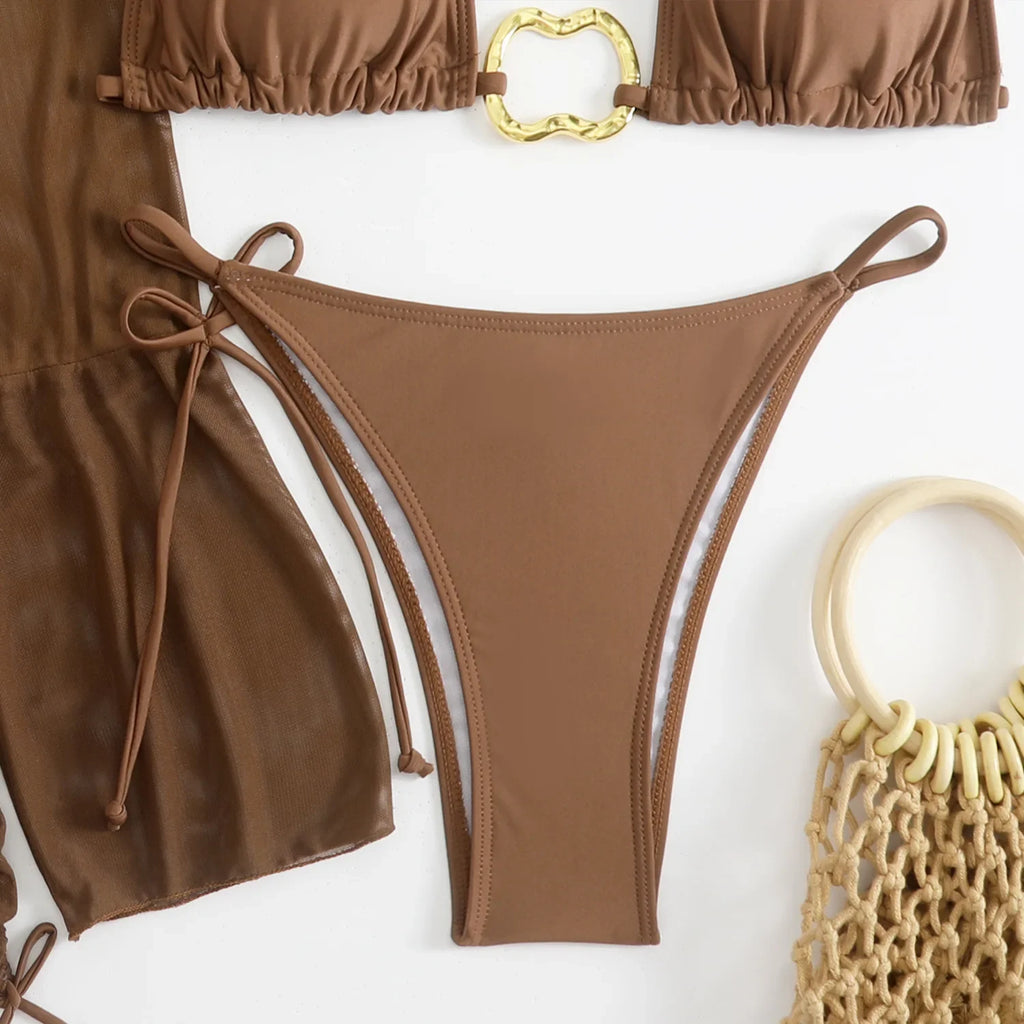 Sexy branco preto 4 peça conjuntos de biquinis feminino manga longa malha cobrir saia maiô praia férias banho biquini