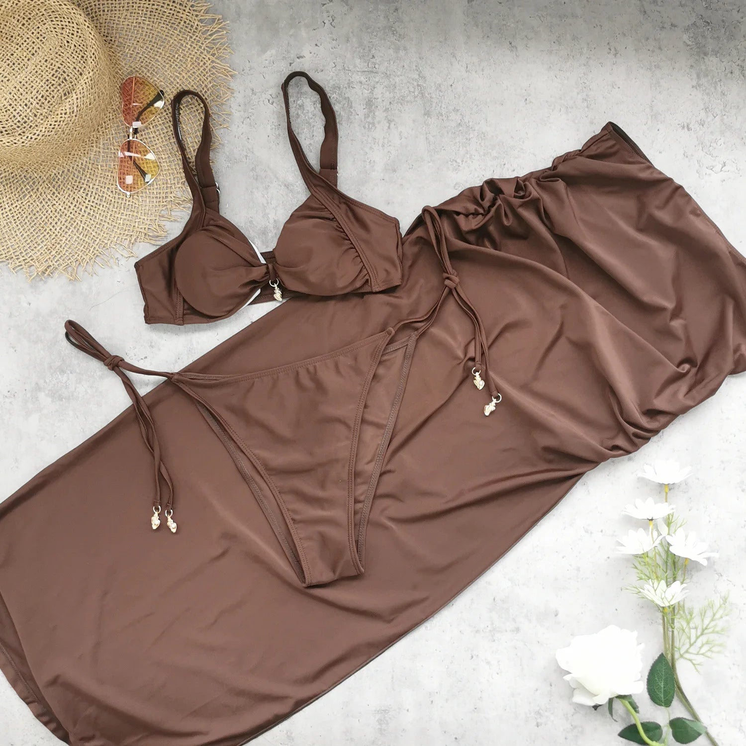 Mulheres café plissado saia longa 3 peça conjunto de biquíni 2025 push up underwire sutiã tanga maiô praia férias maiô