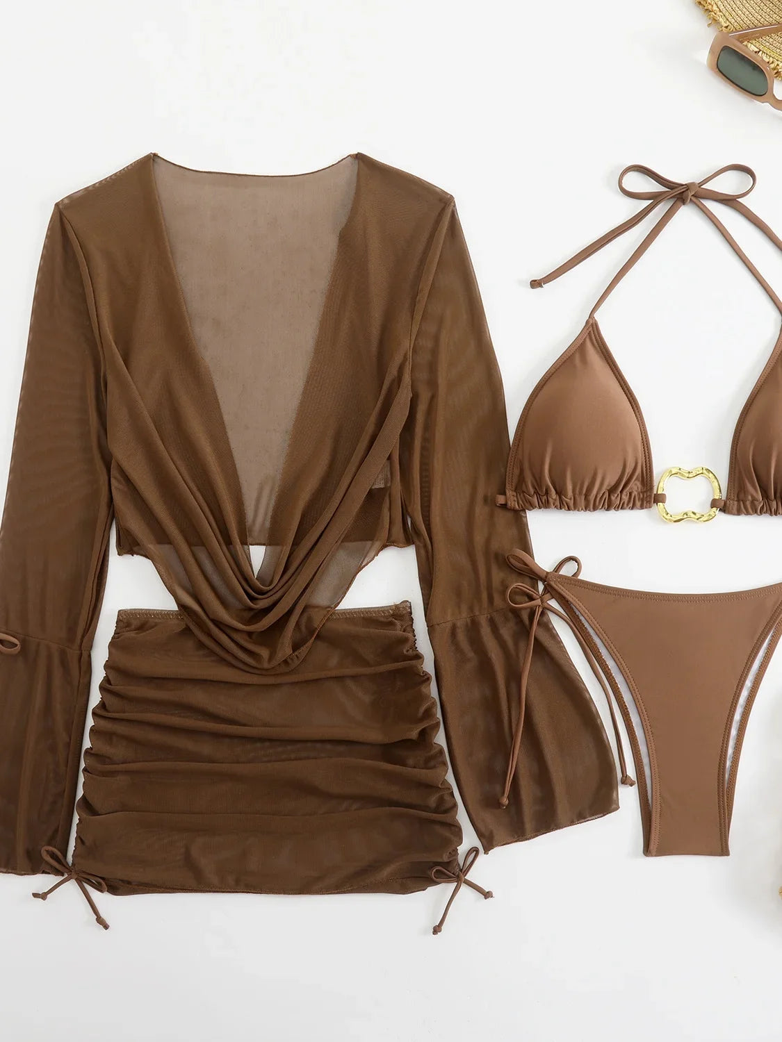 Sexy branco preto 4 peça conjuntos de biquinis feminino manga longa malha cobrir saia maiô praia férias banho biquini