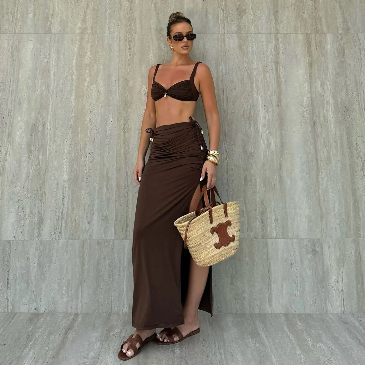 Mulheres café plissado saia longa 3 peça conjunto de biquíni 2025 push up underwire sutiã tanga maiô praia férias maiô