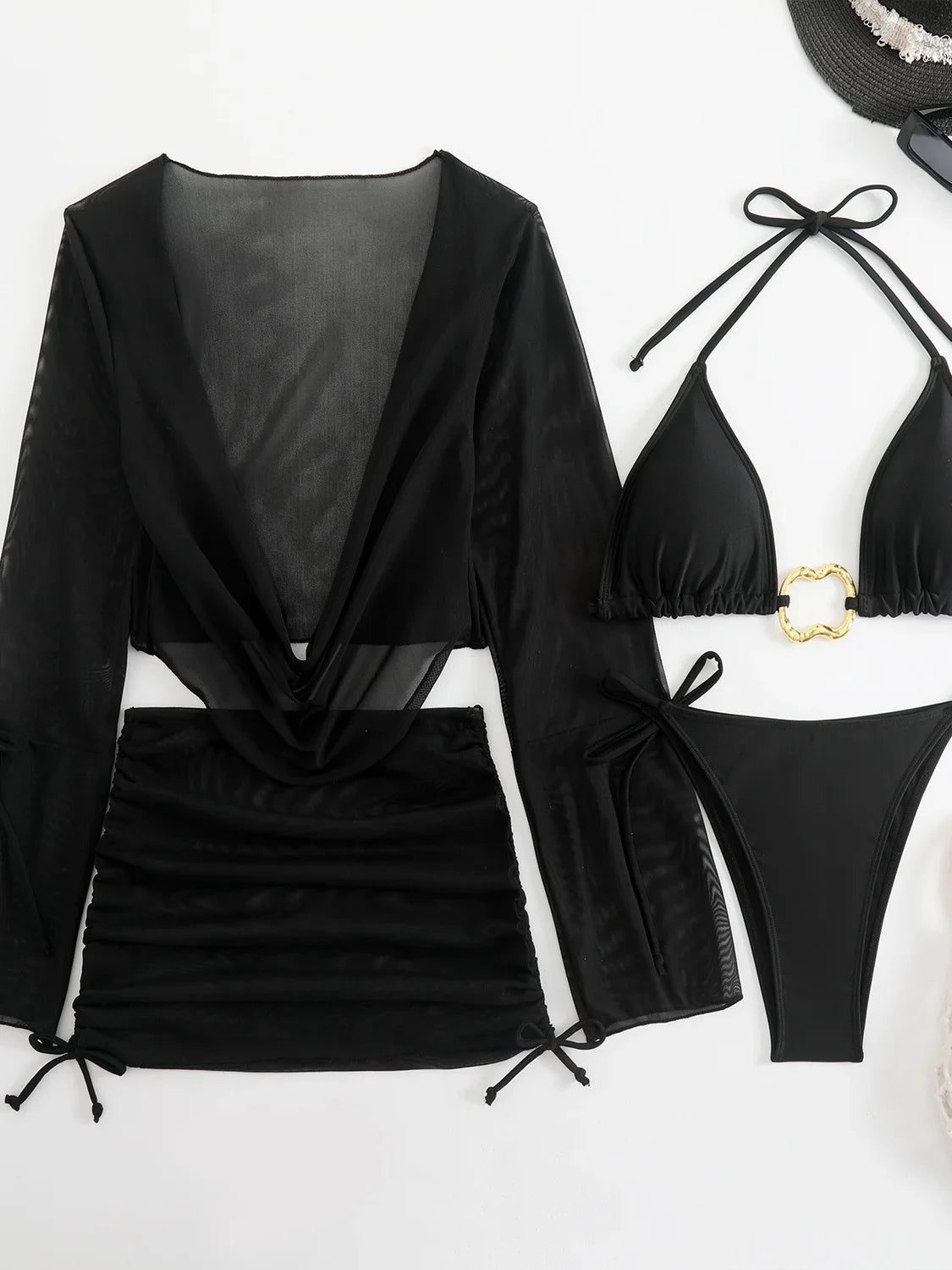 Sexy branco preto 4 peça conjuntos de biquinis feminino manga longa malha cobrir saia maiô praia férias banho biquini