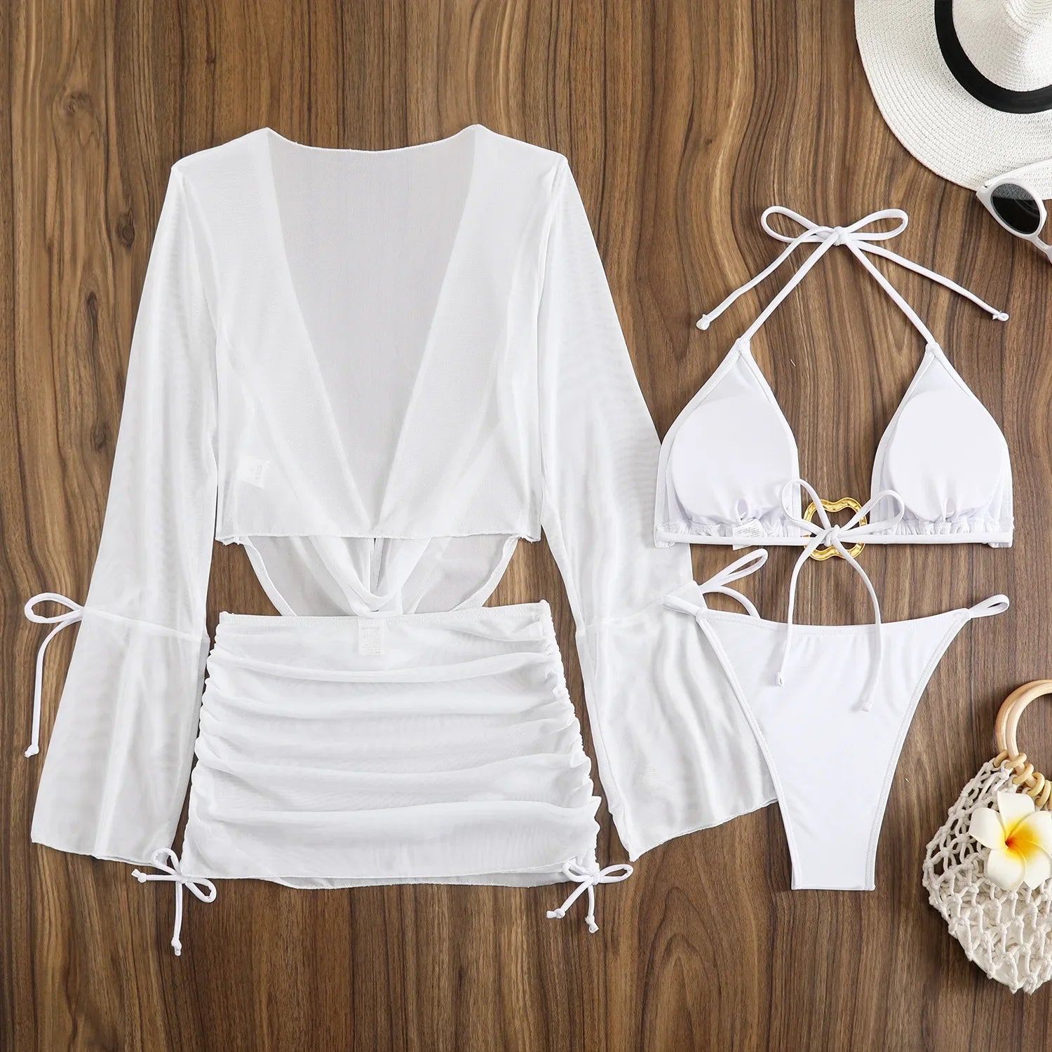 Sexy branco preto 4 peça conjuntos de biquinis feminino manga longa malha cobrir saia maiô praia férias banho biquini