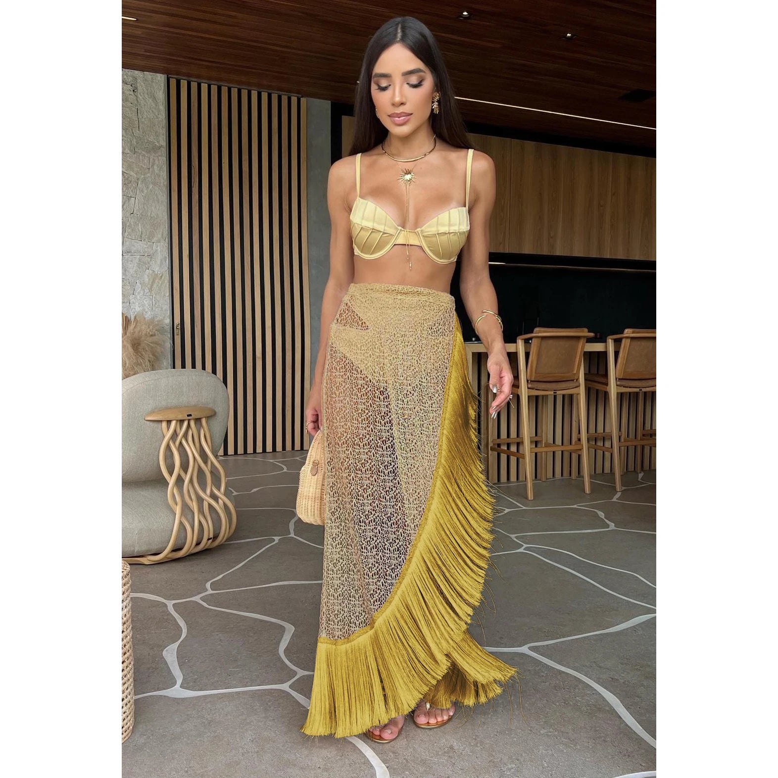 Maiô 3 peças conjunto com saia borla biquíni feminino maiô botão cintura alta roupa de banho beachwear biquini