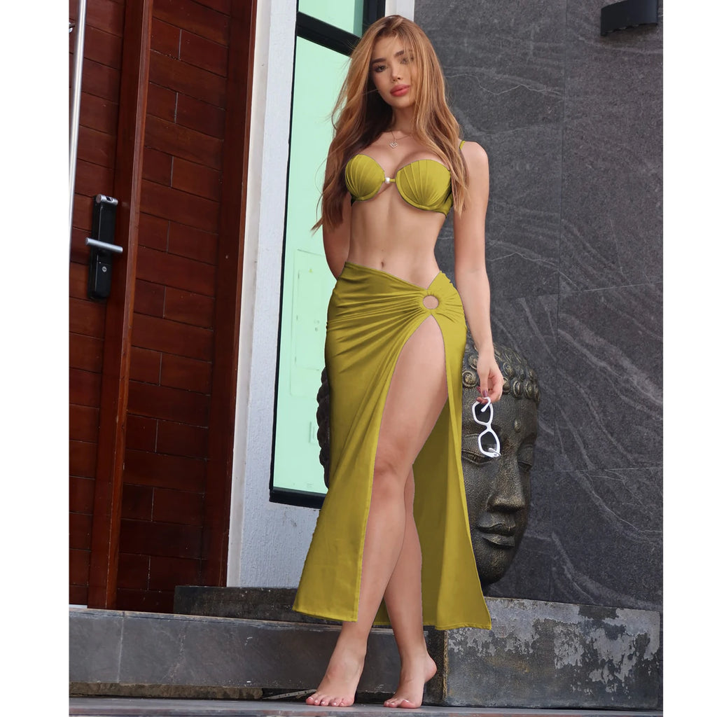 Maiô 3 peças conjunto com saia borla biquíni feminino maiô botão cintura alta roupa de banho beachwear biquini