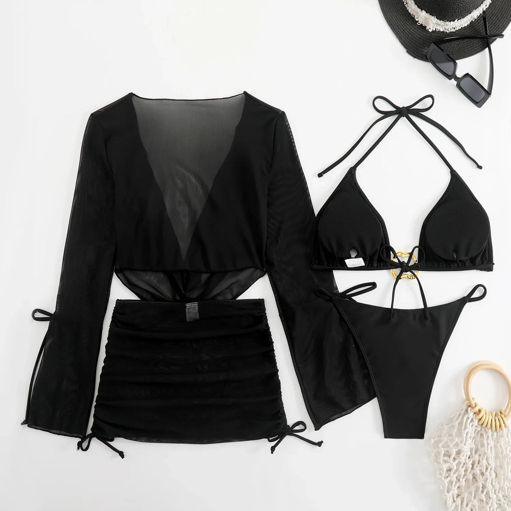 Sexy branco preto 4 peça conjuntos de biquinis feminino manga longa malha cobrir saia maiô praia férias banho biquini