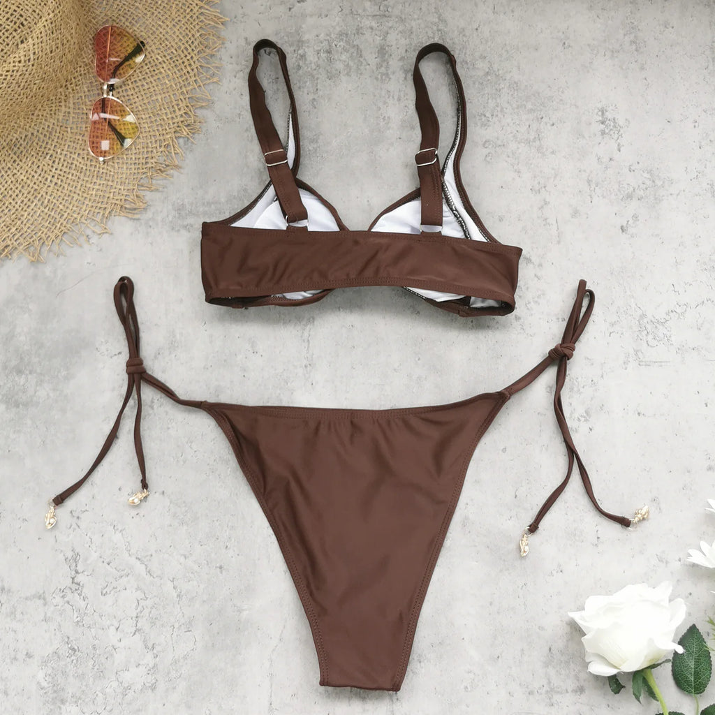 Mulheres café plissado saia longa 3 peça conjunto de biquíni 2025 push up underwire sutiã tanga maiô praia férias maiô