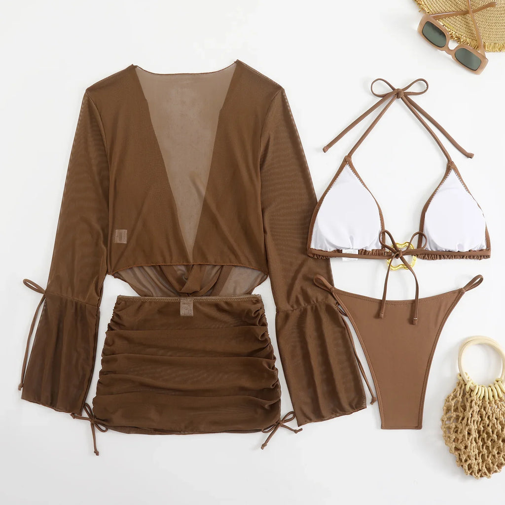 Sexy branco preto 4 peça conjuntos de biquinis feminino manga longa malha cobrir saia maiô praia férias banho biquini