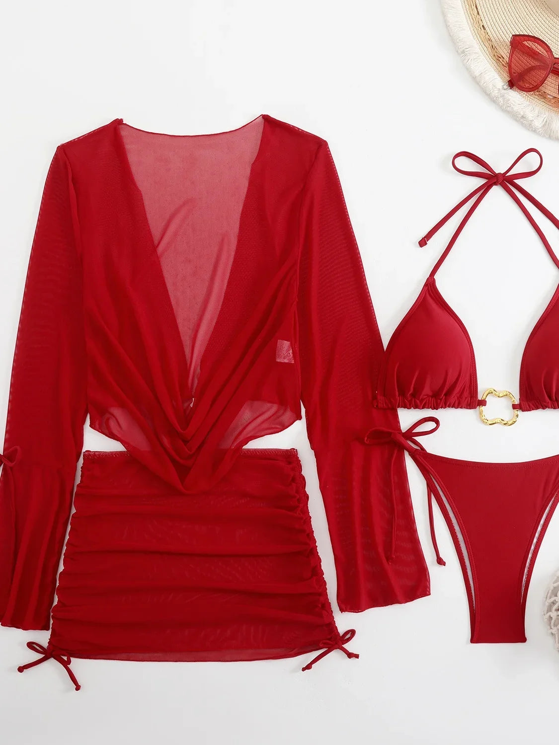 Sexy branco preto 4 peça conjuntos de biquinis feminino manga longa malha cobrir saia maiô praia férias banho biquini