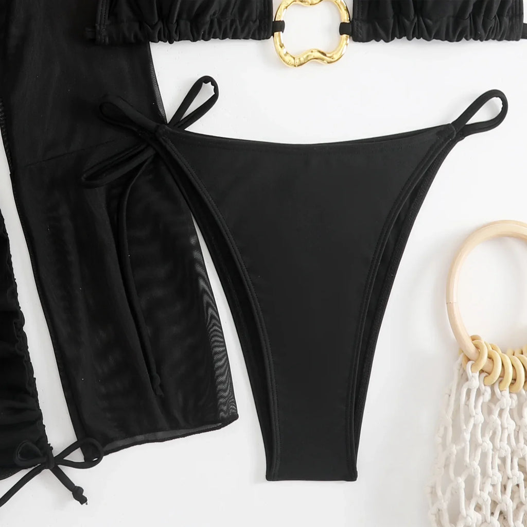 Sexy branco preto 4 peça conjuntos de biquinis feminino manga longa malha cobrir saia maiô praia férias banho biquini