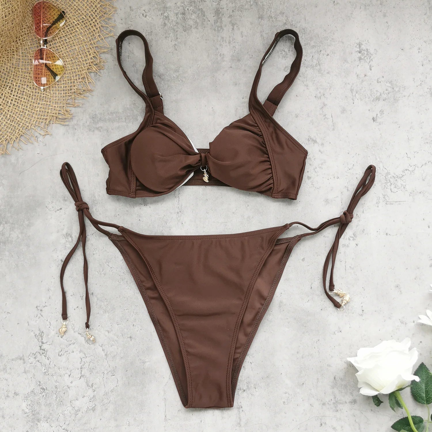 Mulheres café plissado saia longa 3 peça conjunto de biquíni 2025 push up underwire sutiã tanga maiô praia férias maiô